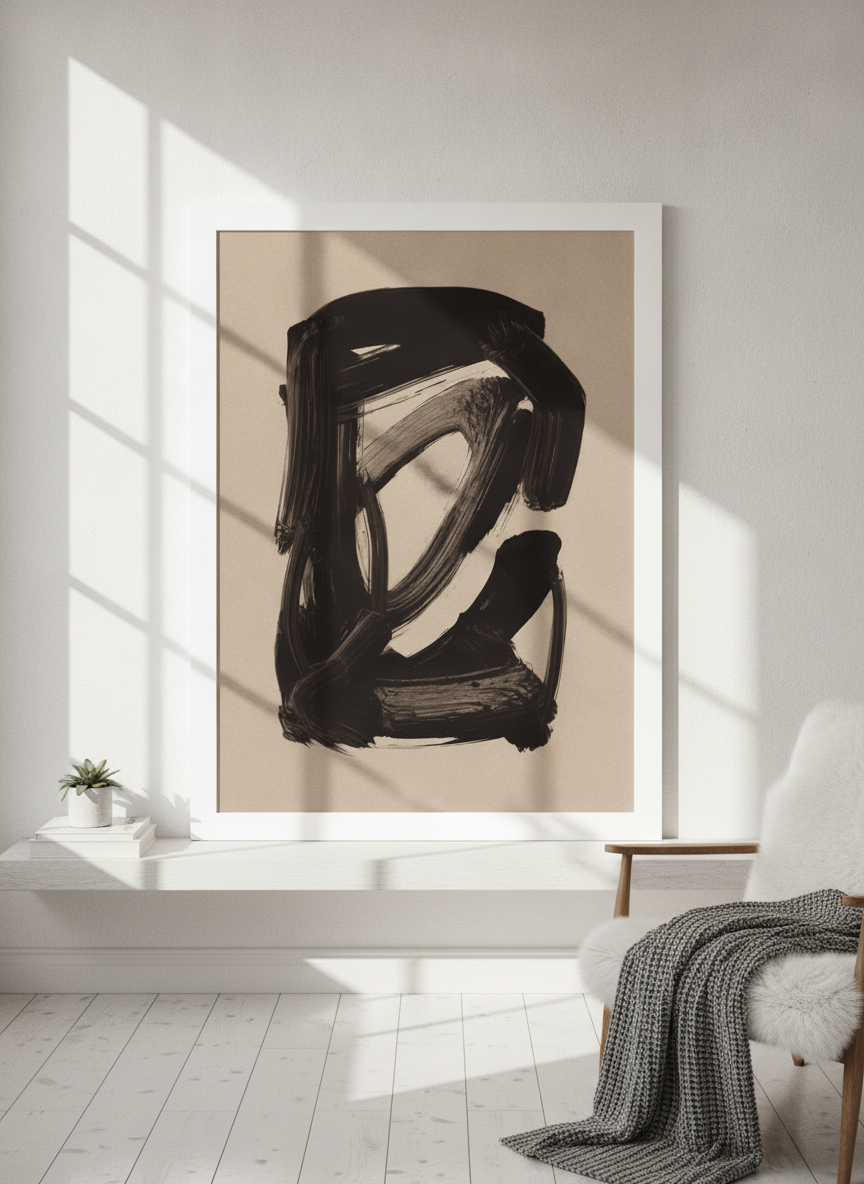 Modern wall art print standing on a shelf in a bright Scandinavian home office