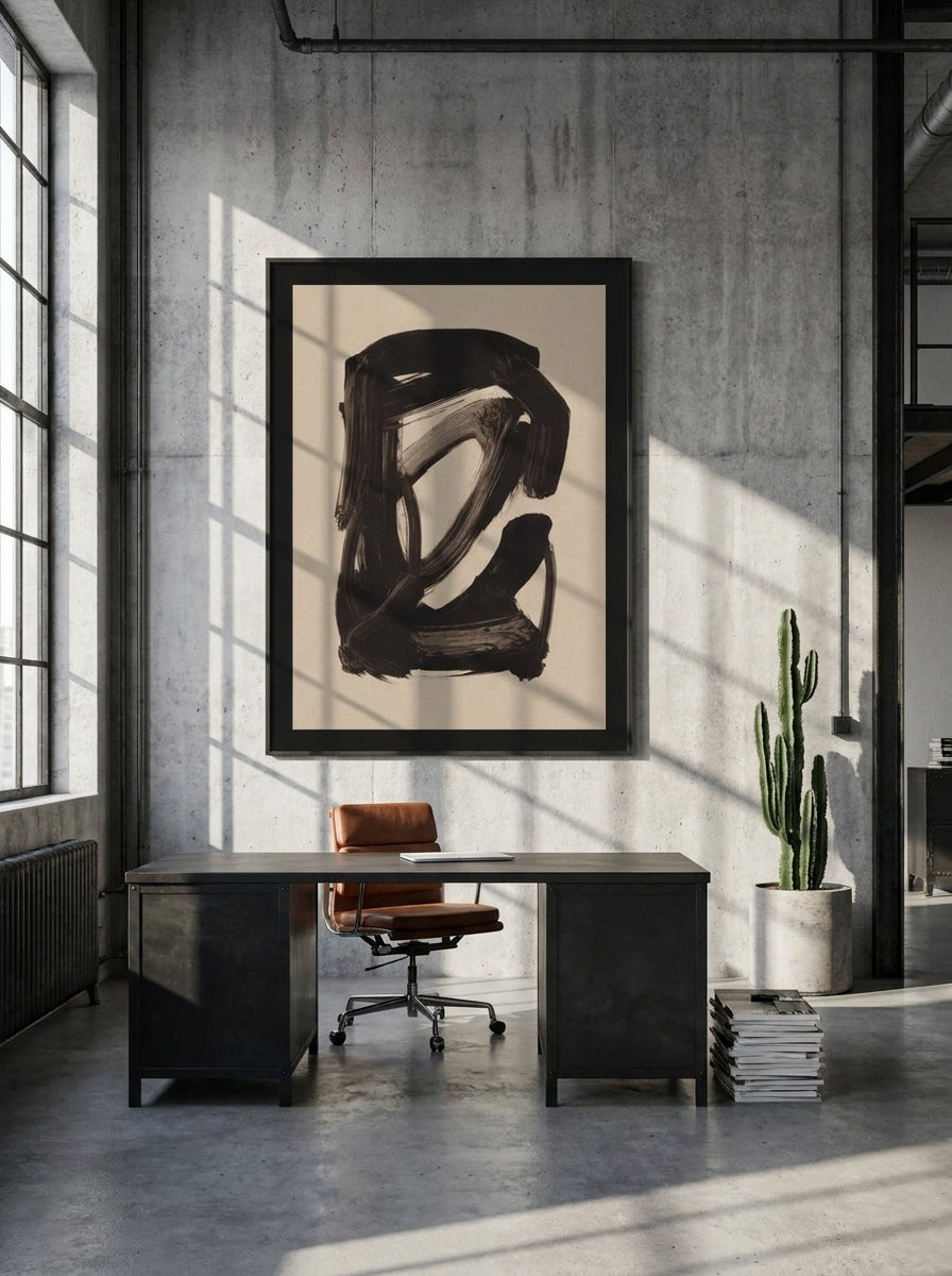 Oversized statement modern wall art print styled on the wall in an industrial loft home office