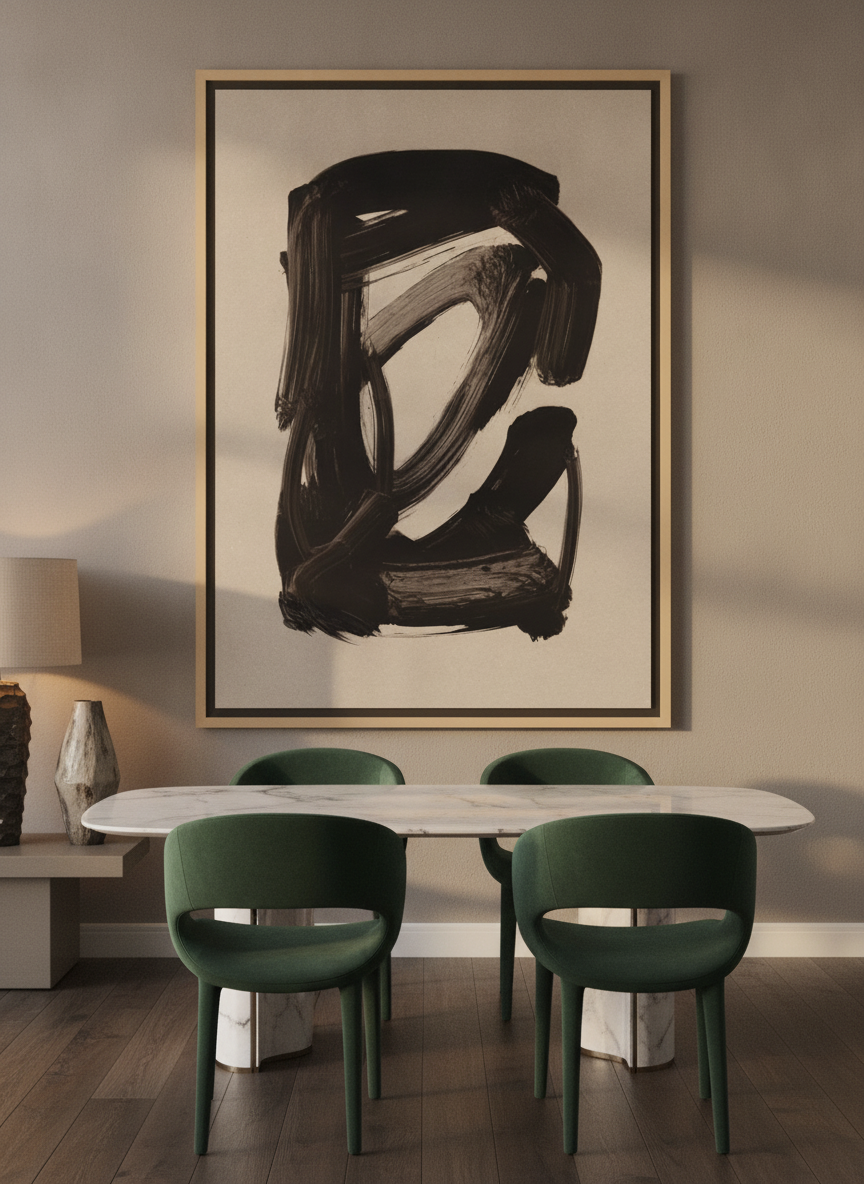 Oversized statement canvas wall art with a natural timber surround styled on the wall in a luxe dining room