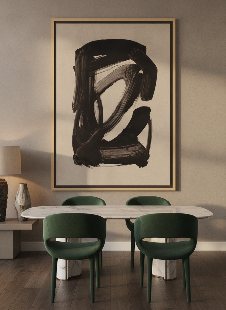 Oversized statement canvas wall art with a natural timber surround styled on the wall in a luxe dining room