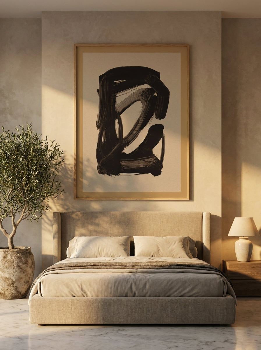 Oversized statement modern wall art print styled on the wall in a luxe bedroom