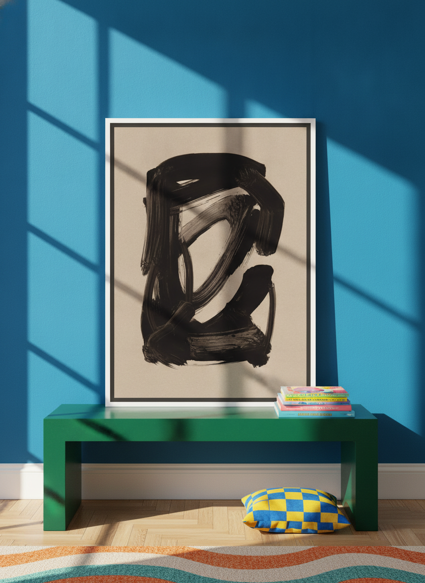 Canvas wall art with a white surround standing on a side table in a colourful eclectic home office