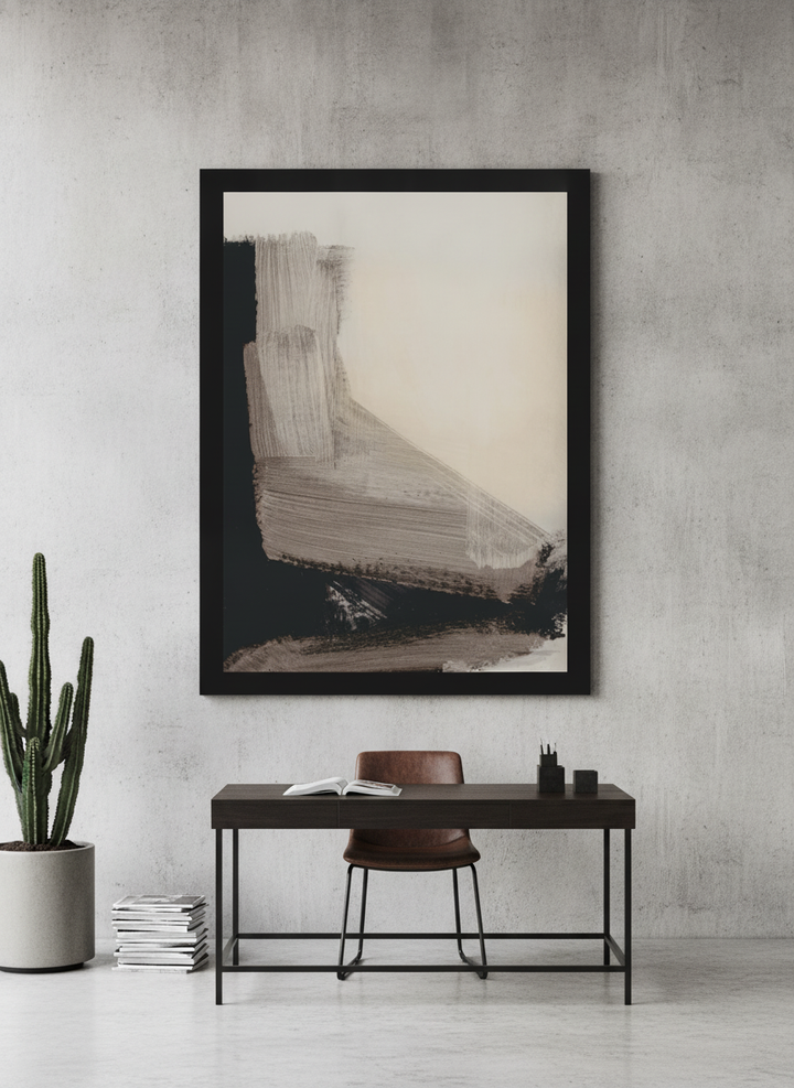 Oversized statement modern wall art print styled on the wall in an industrial loft home office