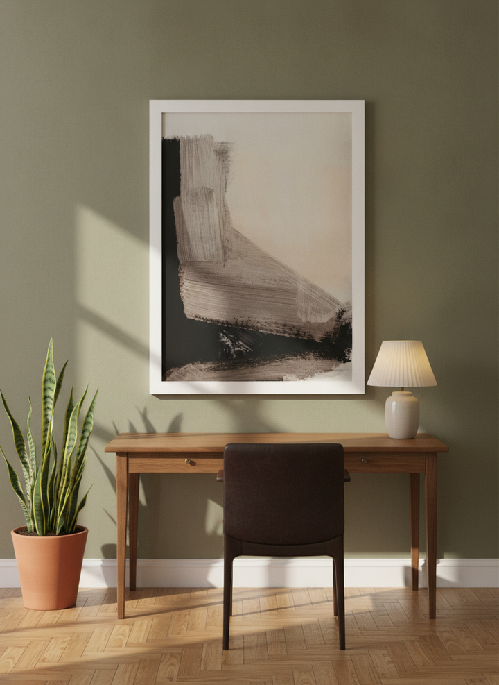 Modern wall art print styled on the wall in a mid-century home office