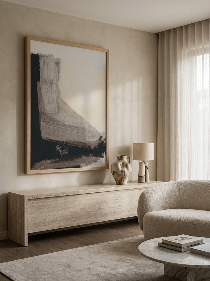 Oversized statement modern wall art print styled on the wall in a luxe living room