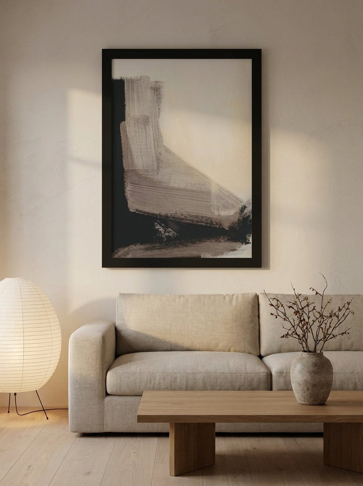 Modern wall art print styled on the wall in a warm Japandi living room