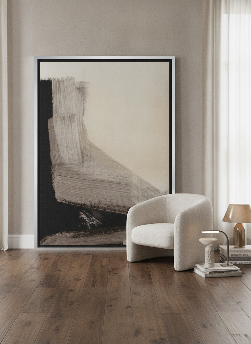 Oversized statement canvas wall art with a silver leaf surround leaning against the wall in a luxe living room