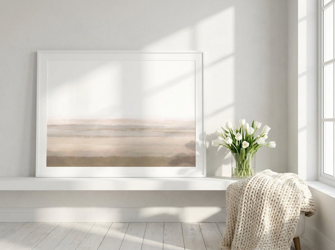 Modern wall art print standing on a shelf in a bright Scandinavian home office
