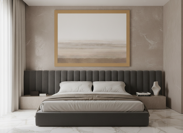 Oversized statement modern wall art print styled on the wall in a luxe bedroom