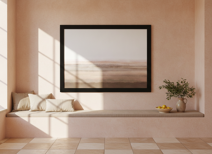 Modern wall art print styled on the wall in a Mediterranean living room