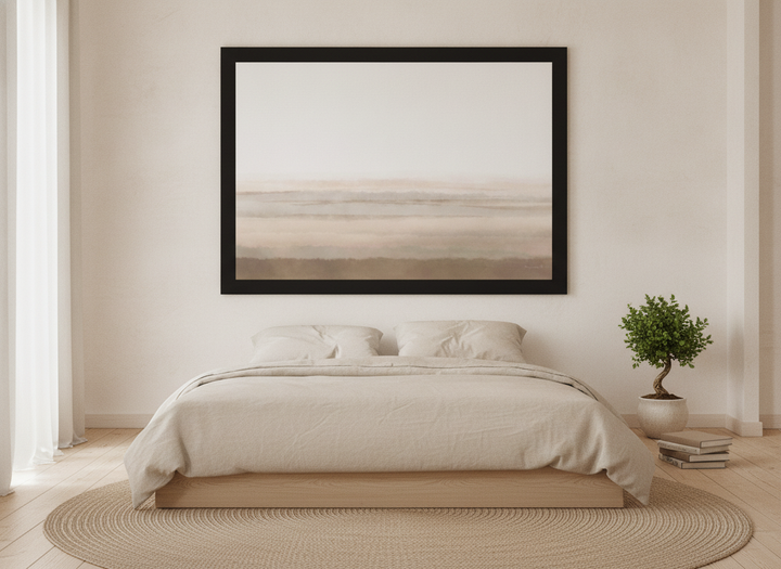 Oversized statement modern wall art print styled on the wall in a warm Japandi bedroom