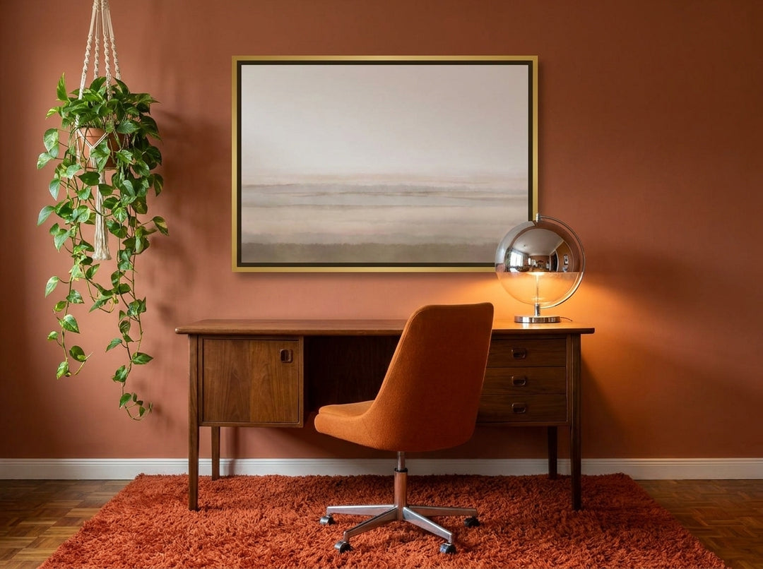 Canvas wall art with a gold leaf surround styled on the wall in a retro 70s home office