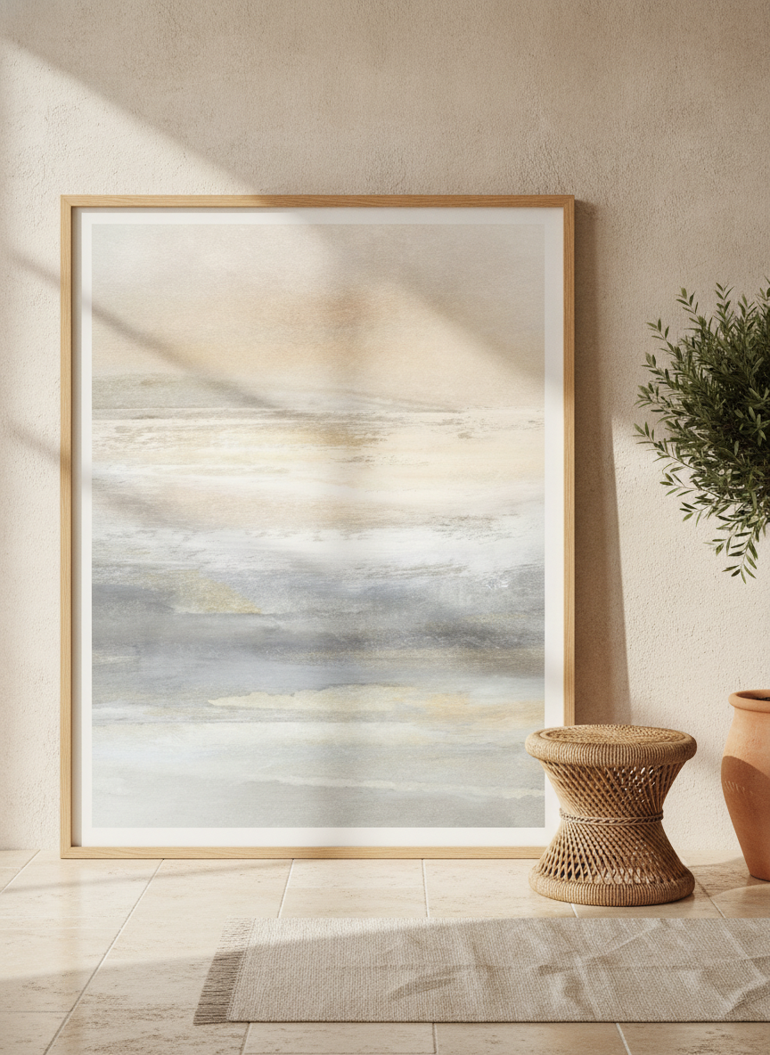 Modern wall art print leaning against the wall in a Mediterranean home office