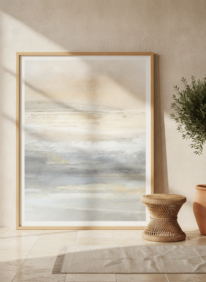 Modern wall art print leaning against the wall in a Mediterranean home office