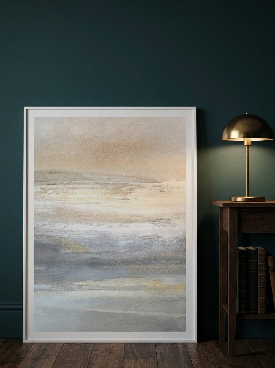 Modern wall art print leaning against the wall in a moody bedroom