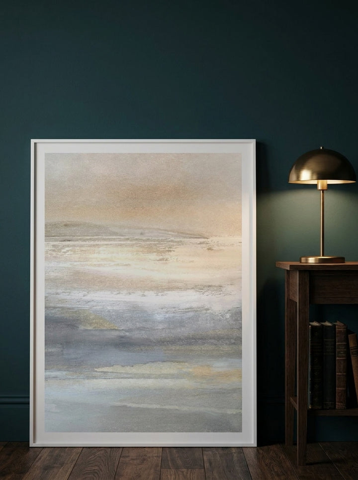 Modern wall art print leaning against the wall in a moody bedroom
