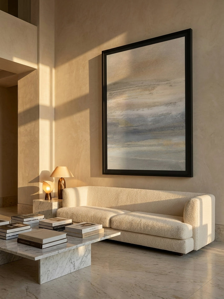 Oversized statement modern wall art print styled on the wall in a luxe living room
