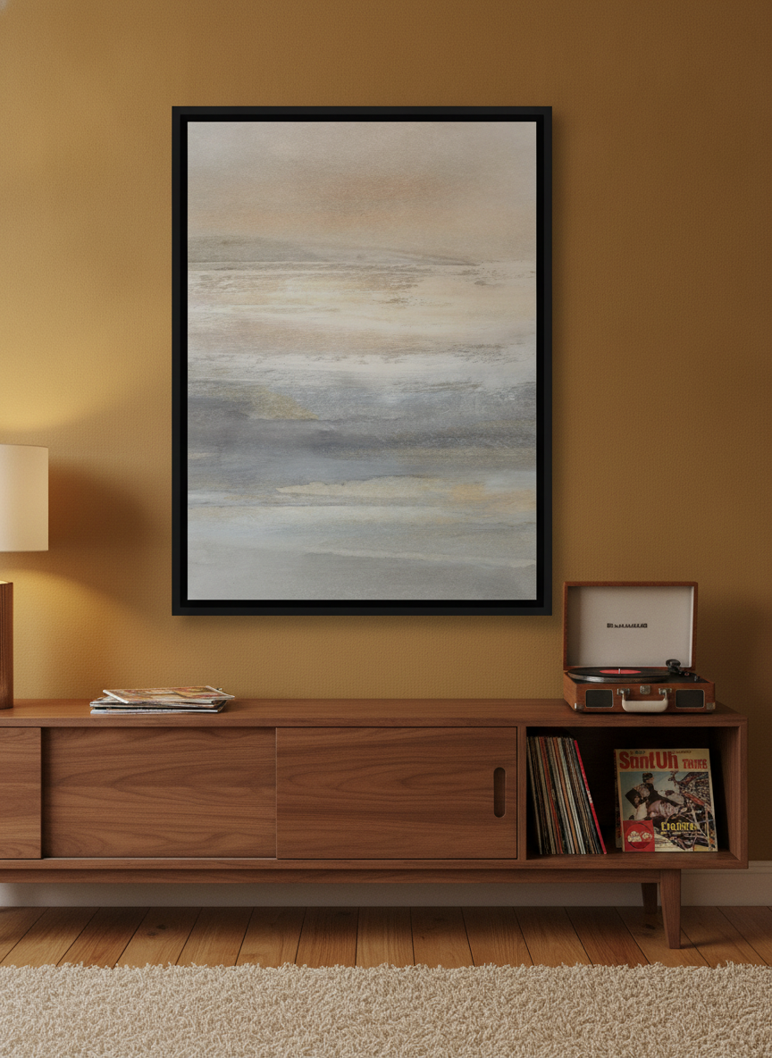 Canvas wall art with a black surround standing on a sideboard in a retro 70s home office