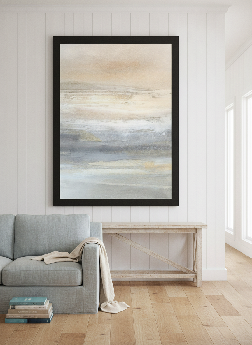 Oversized statement modern wall art print styled on the wall in a coastal living room