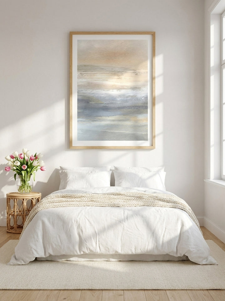 Modern wall art print styled on the wall in a bright Scandinavian bedroom