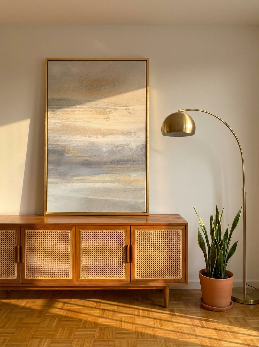 Canvas wall art with a gold leaf surround standing on a sideboard in a mid-century bedroom