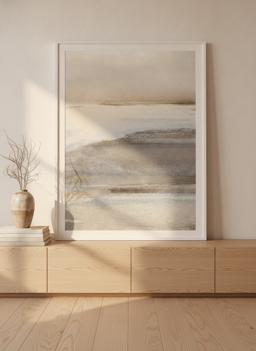 Modern wall art print standing on a sideboard in a warm Japandi bathroom