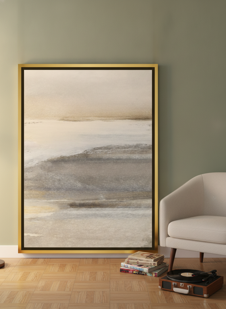 Canvas wall art with a gold leaf surround leaning against the wall in a mid-century living room