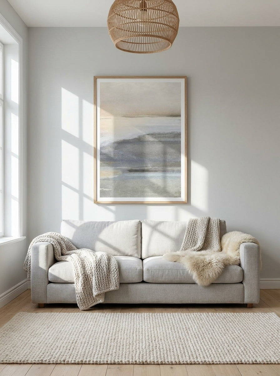 Modern wall art print styled on the wall in a bright Scandinavian living room