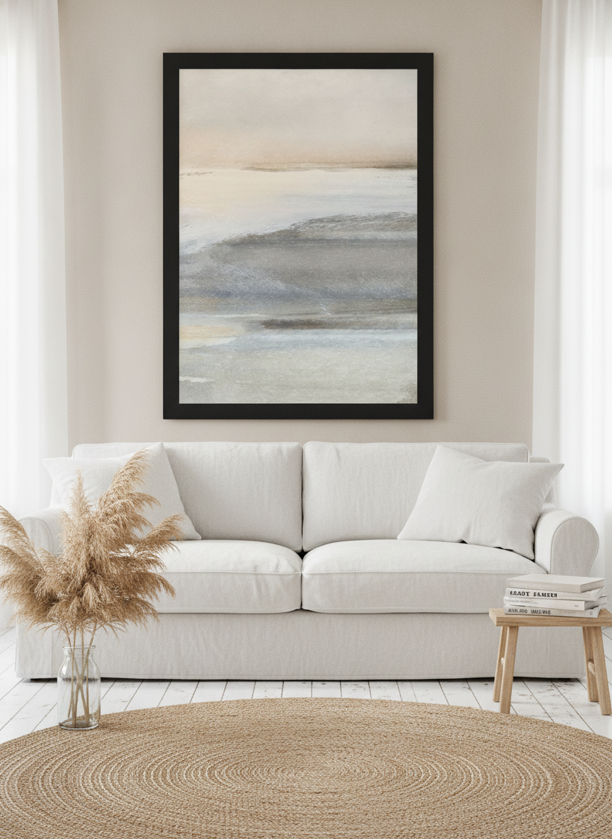 Oversized statement modern wall art print styled on the wall in a coastal living room