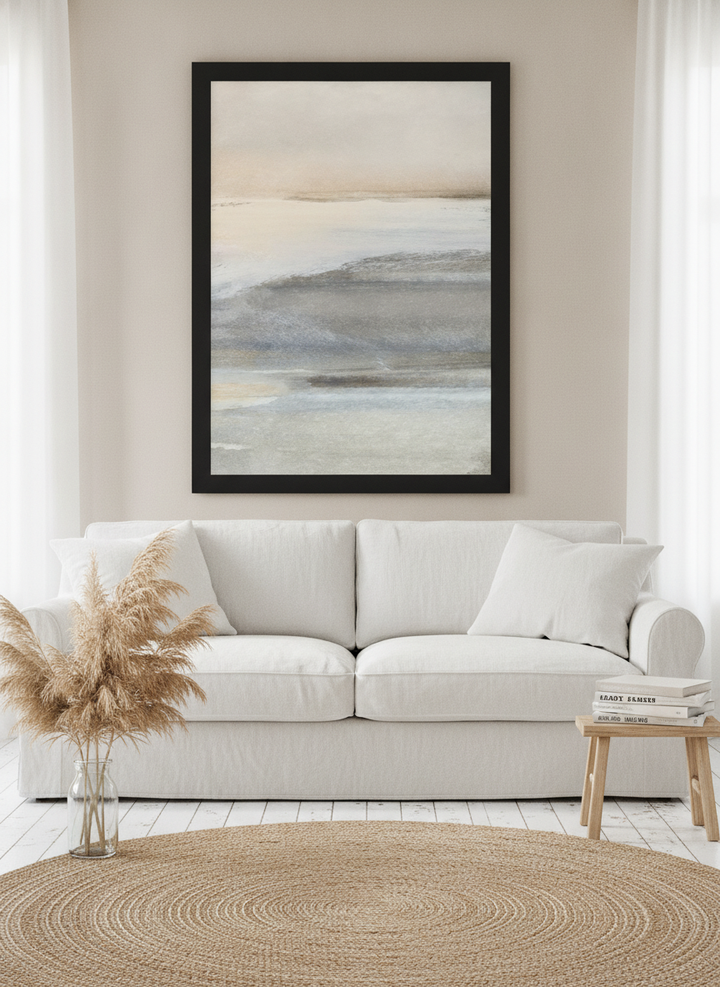 Oversized statement modern wall art print styled on the wall in a coastal living room