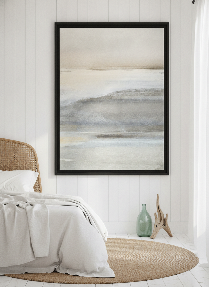 Oversized statement modern wall art print styled on the wall in a coastal bedroom