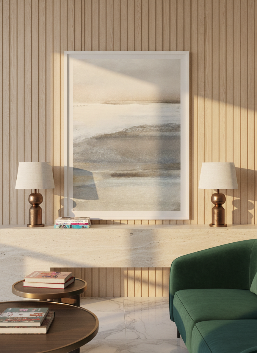 Modern wall art print standing on a console in a luxe living room