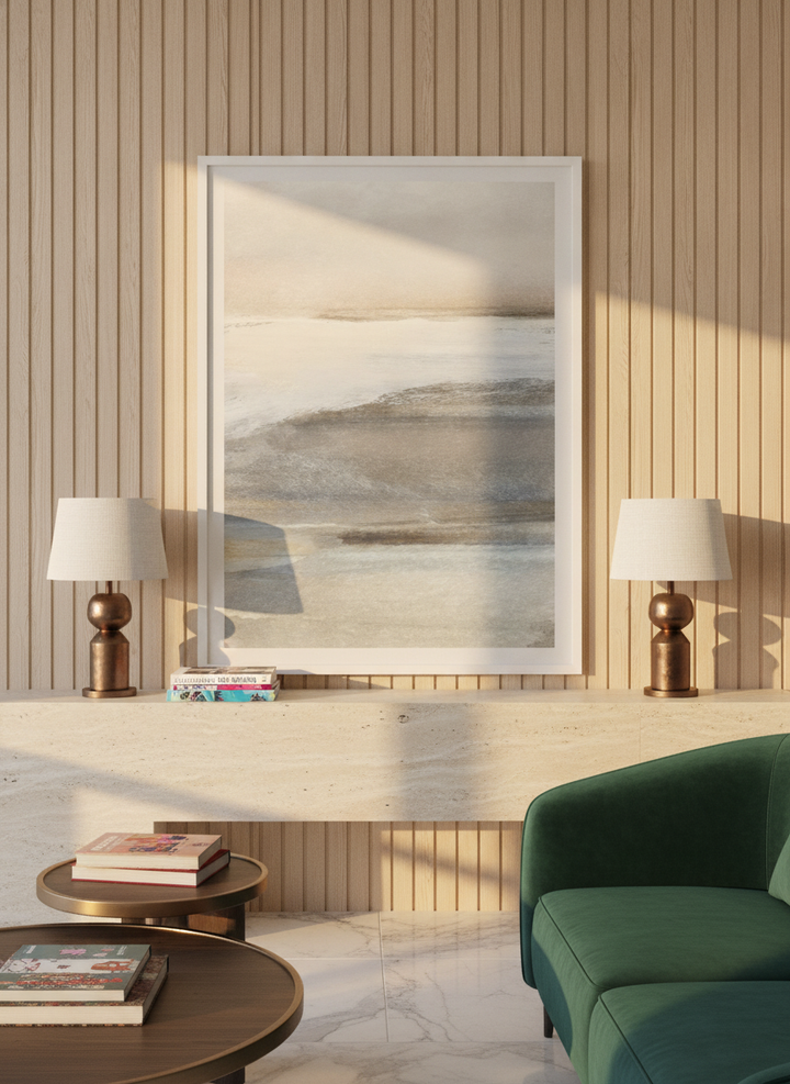 Modern wall art print standing on a console in a luxe living room