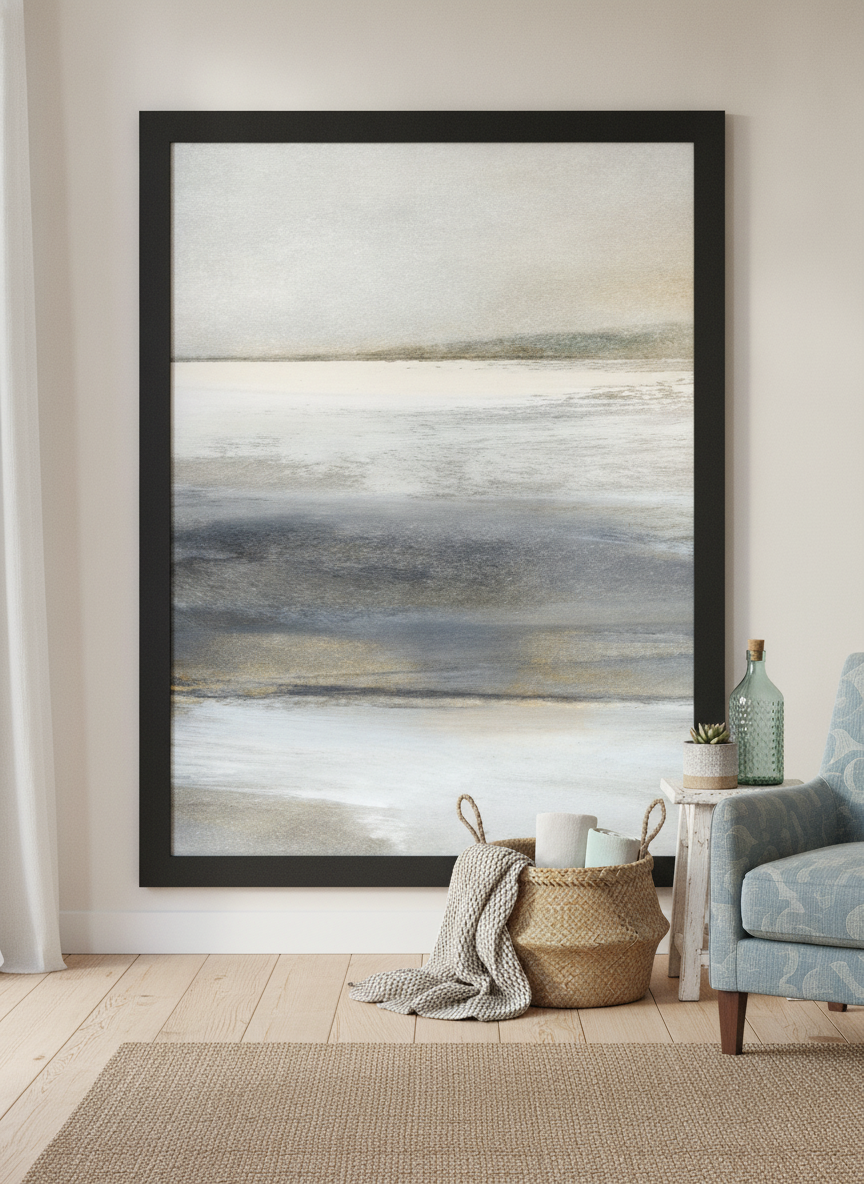 Oversized statement modern wall art print leaning against the wall in a coastal living room