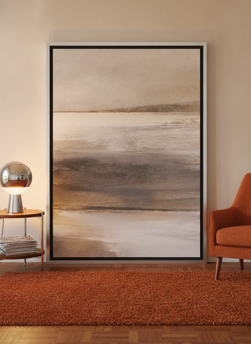 Oversized statement canvas wall art with a silver leaf surround leaning against the wall in a retro 70s living room