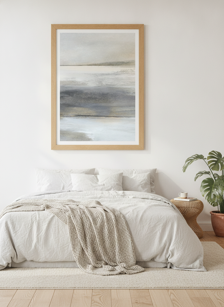 Modern wall art print styled on the wall in a bright Scandinavian bedroom