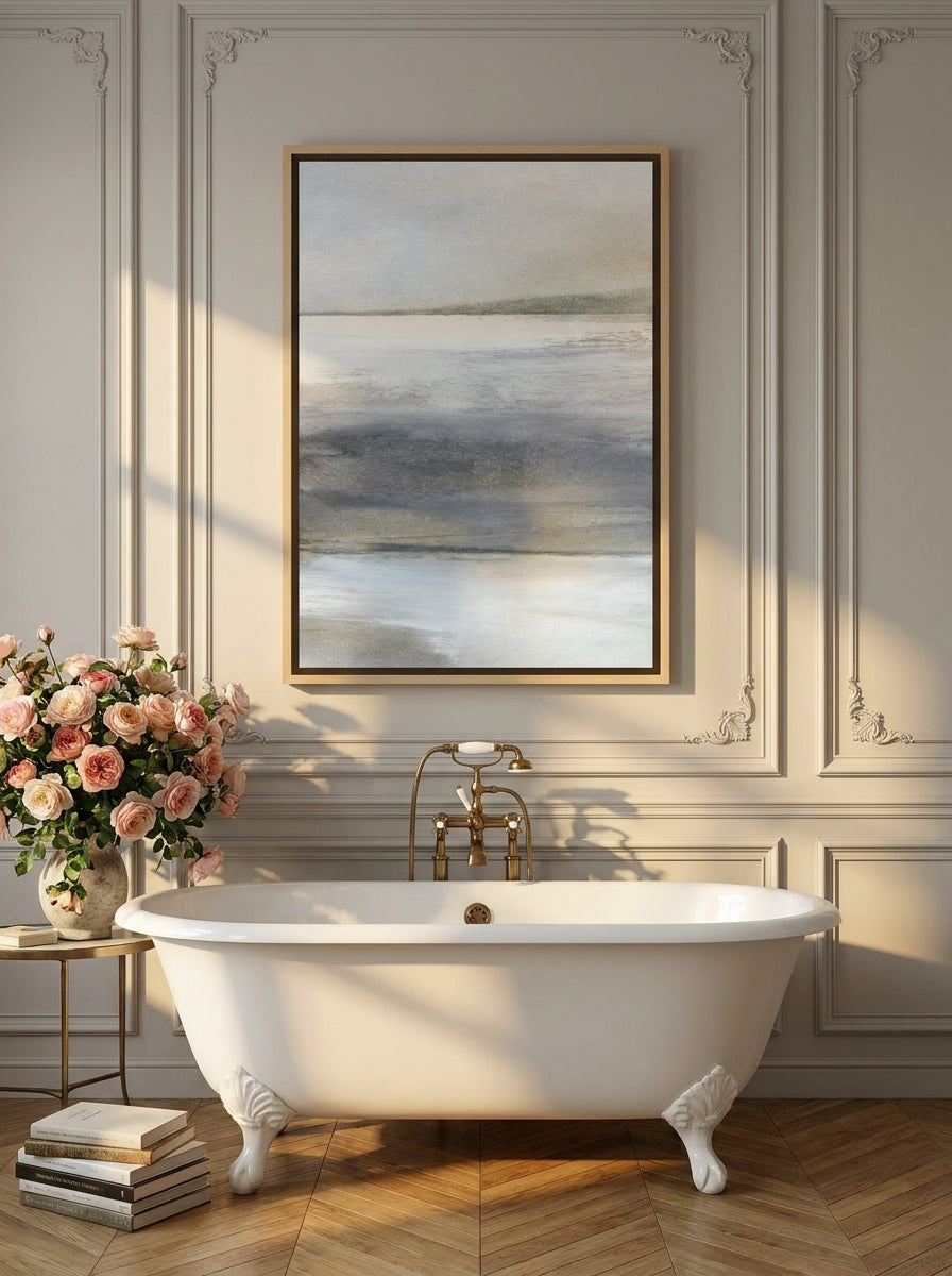 Canvas wall art with a natural timber surround styled on the wall in a Parisian bathroom