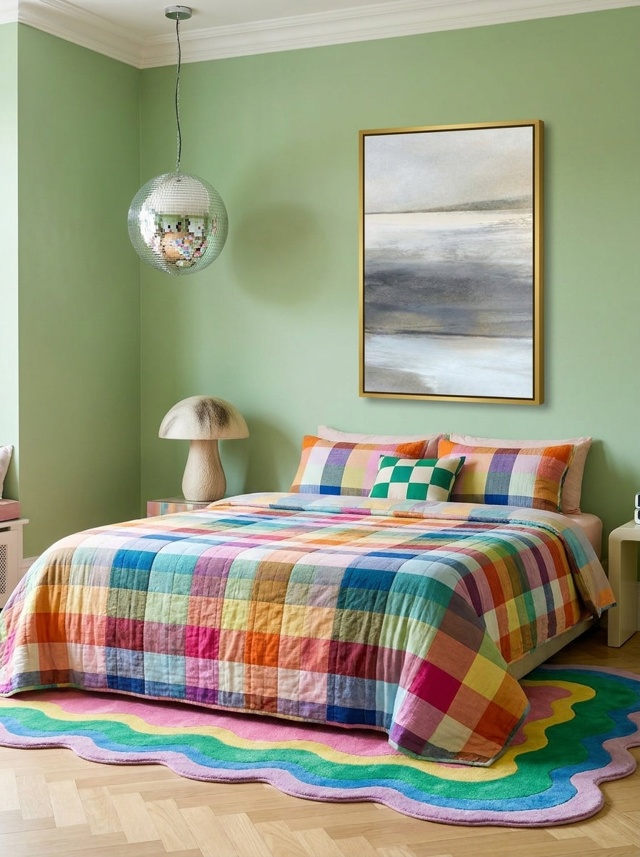 Canvas wall art with a gold leaf surround styled on the wall in a colourful eclectic bedroom