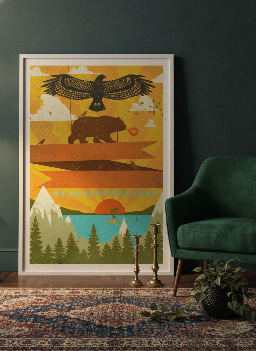 Modern wall art print leaning against the wall in a moody home office