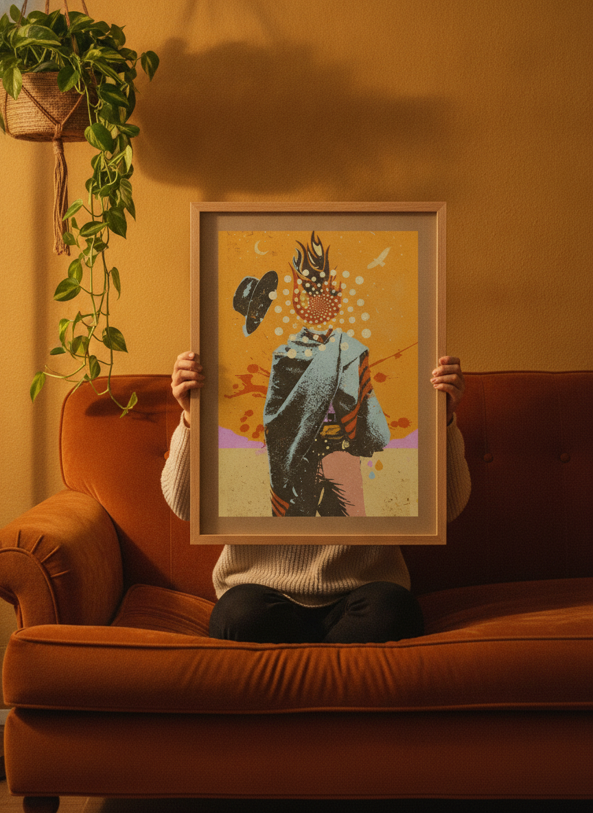 Person holding modern wall art print in a retro 70s living room