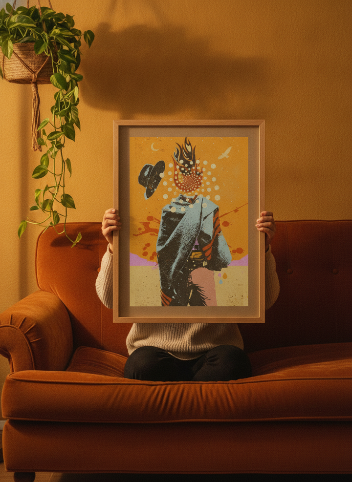 Person holding modern wall art print in a retro 70s living room