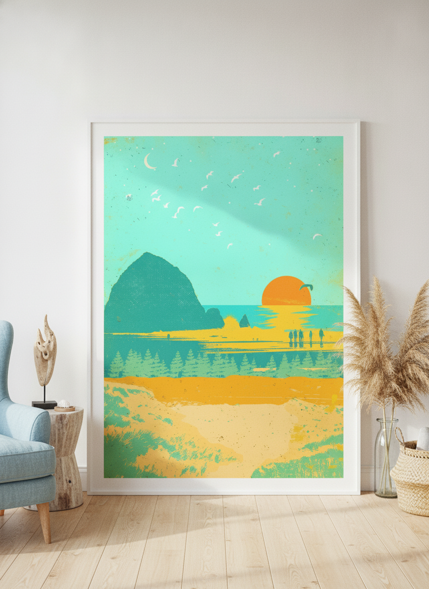 Oversized statement modern wall art print leaning against the wall in a coastal living room