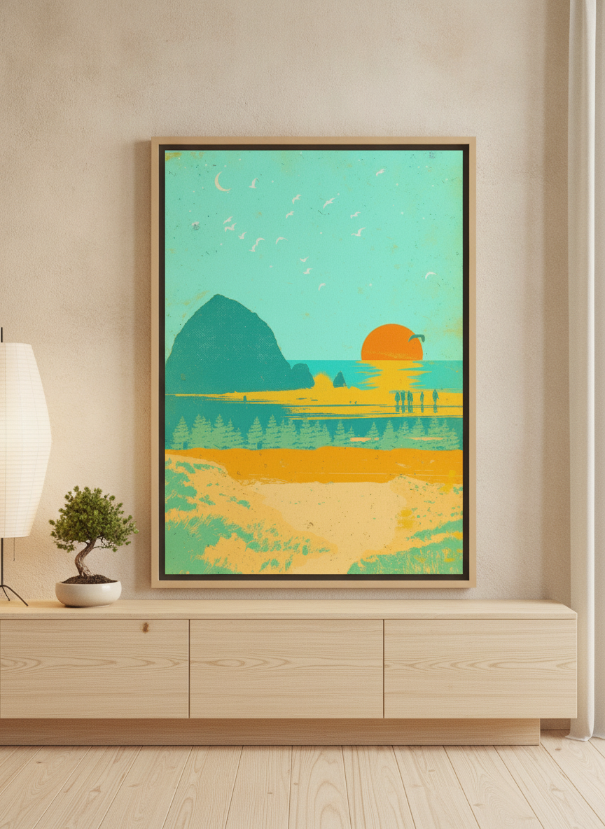 Canvas wall art with a natural timber surround standing on a sideboard in a warm Japandi home office