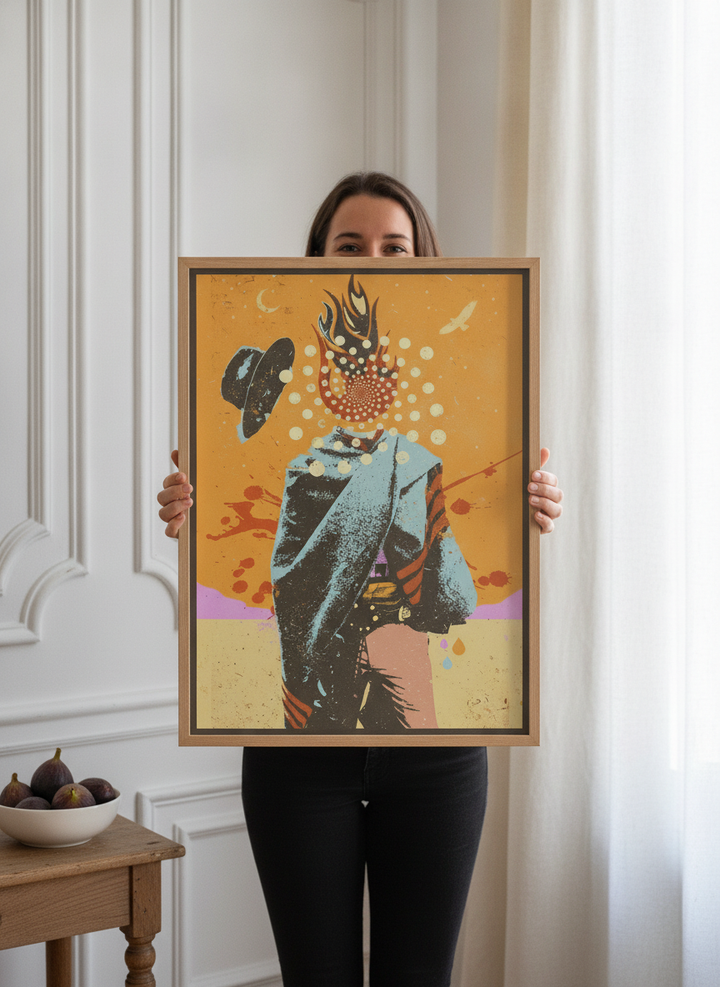 Person holding canvas wall art with a natural timber surround in a Parisian living room