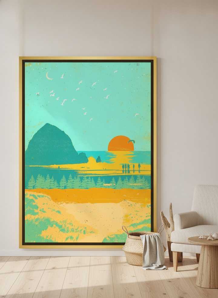 Oversized statement canvas wall art with a gold leaf surround leaning against the wall in a coastal dining room