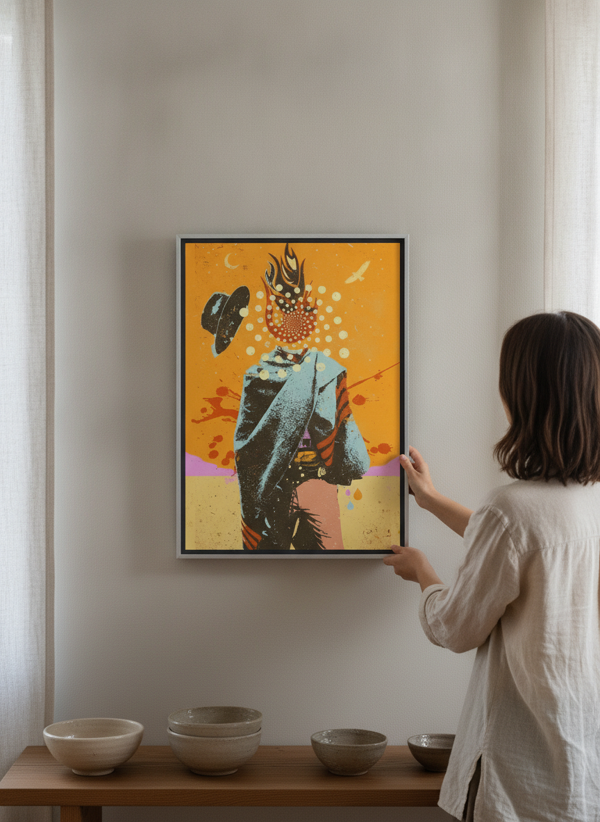 Person holding canvas wall art with a silver leaf surround in a warm Japandi living room