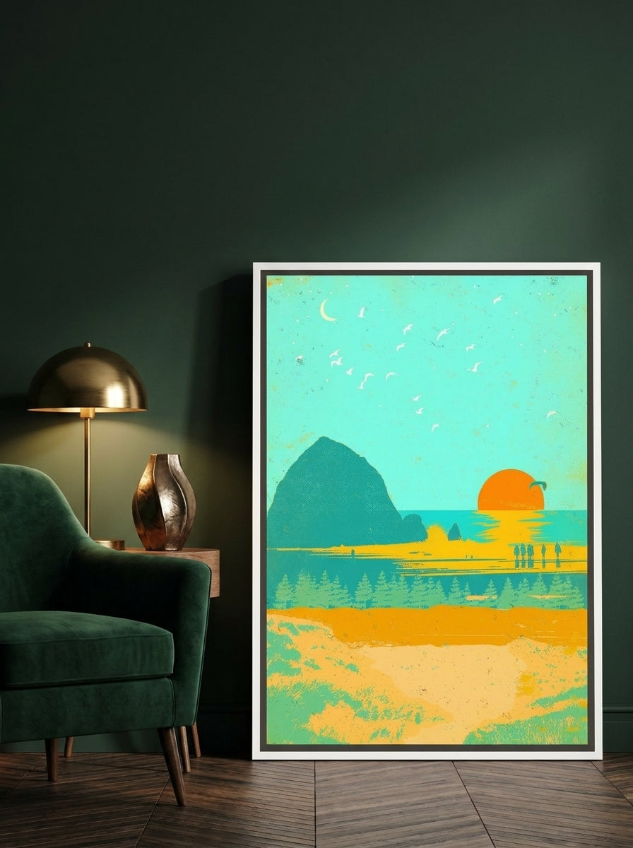 Canvas wall art with a white surround leaning against the wall in a moody bedroom