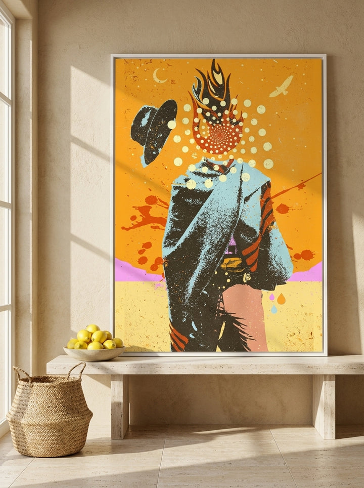 Canvas wall art with a white surround standing on a console in a Mediterranean living room