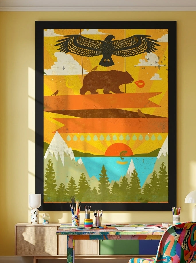 Oversized statement modern wall art print styled on the wall in a colourful eclectic home office