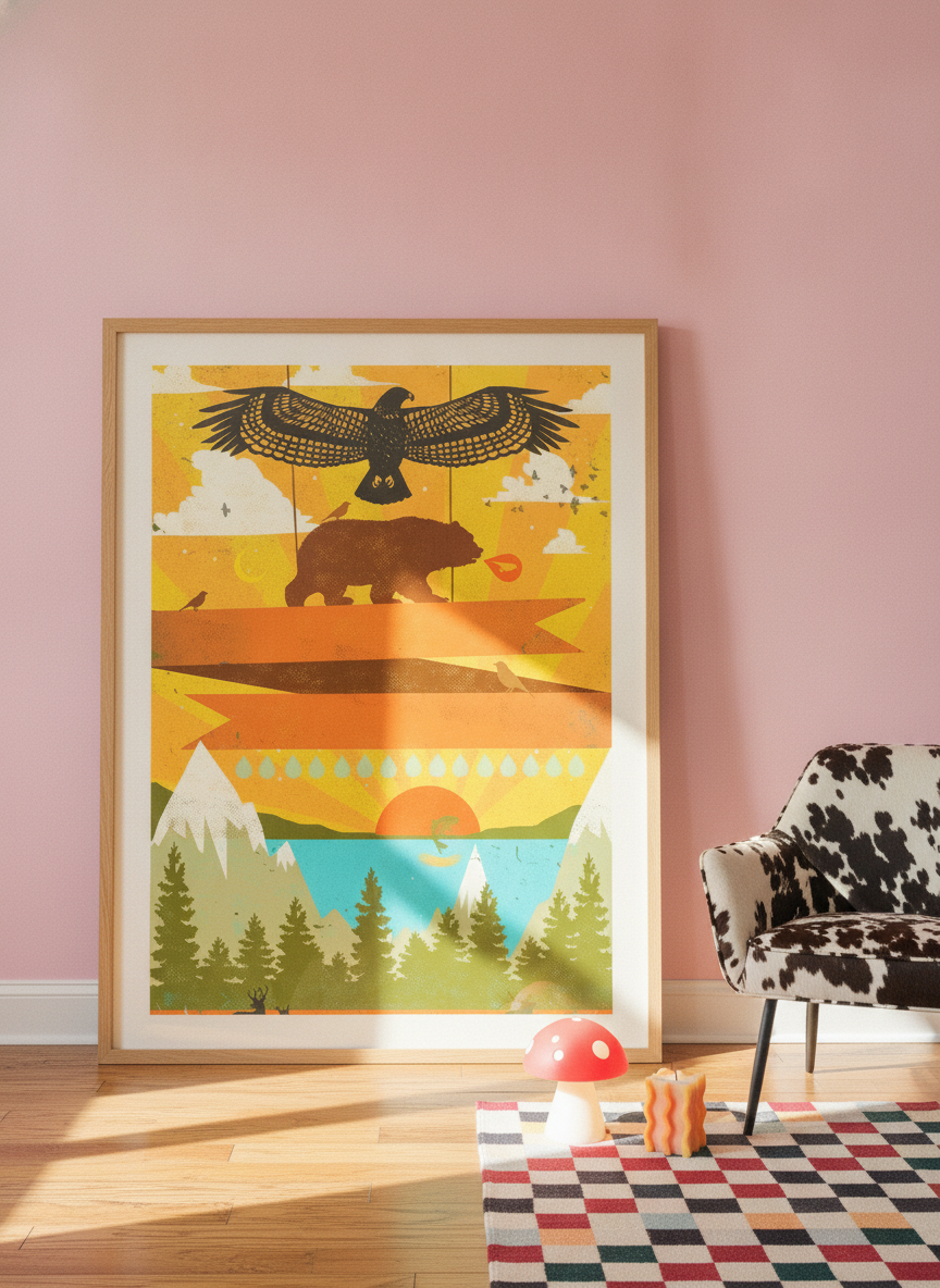 Oversized statement modern wall art print leaning against the wall in a colourful eclectic living room